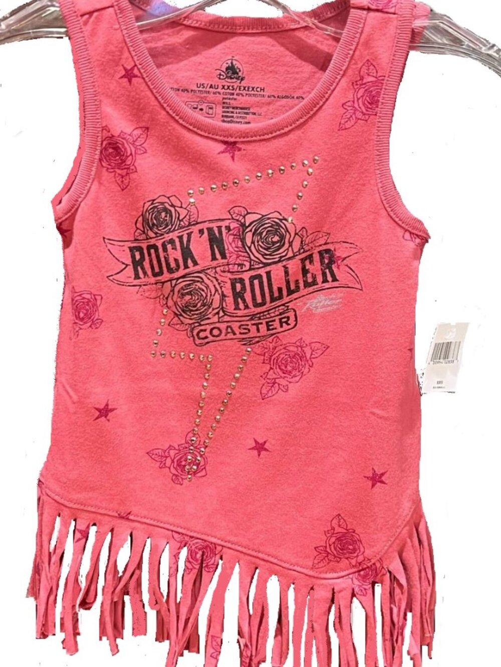DISNEY PARKS CORAL ROCK N ROLLER COASTER GRAPHIC FRINGE KIDS TOP SIZE: XS NWT